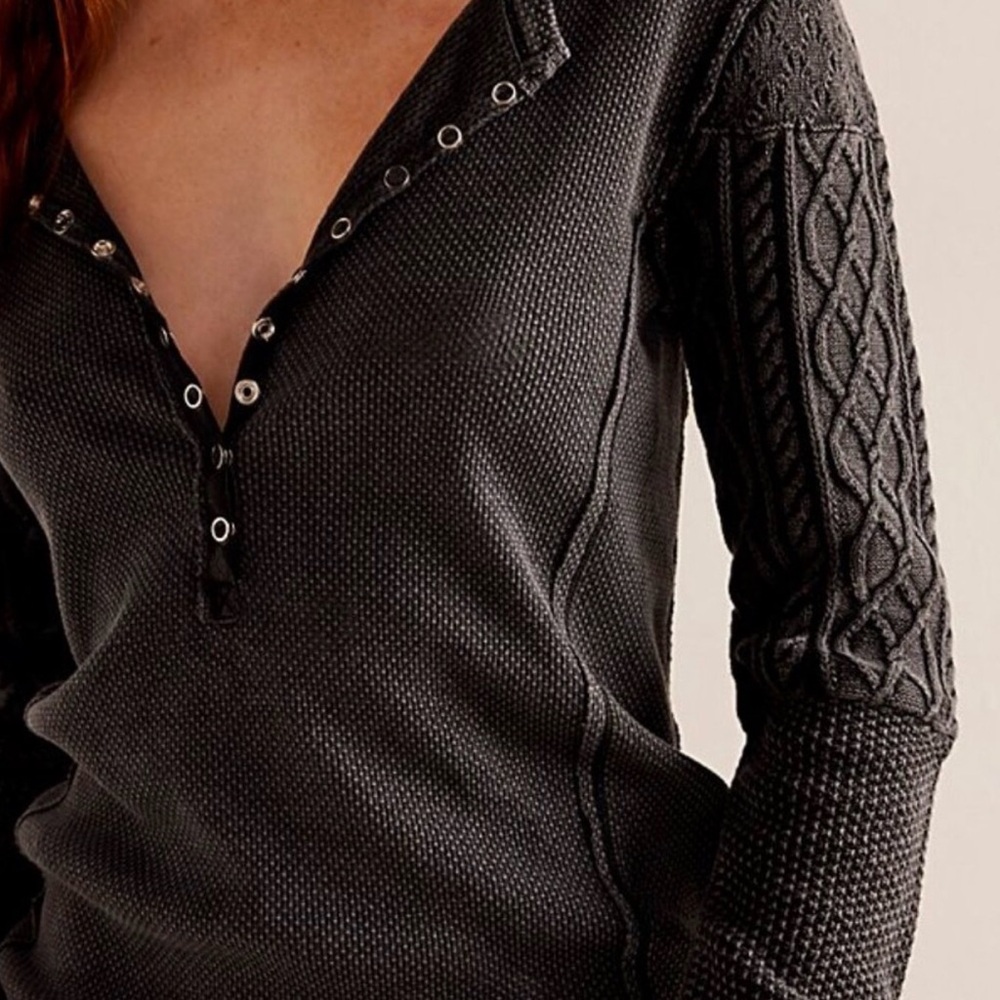 We the Free Twisted Cable Cuff Long Sleeve Henley Top - Size Small
